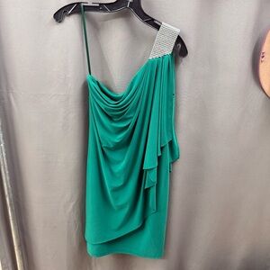 Cache One-Shoulder Green Dress with Silver Accent